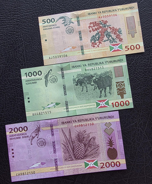 Set of 500, 1000, and 2000 Francs 2023 Burundi Uncirculated UNC (three notes)