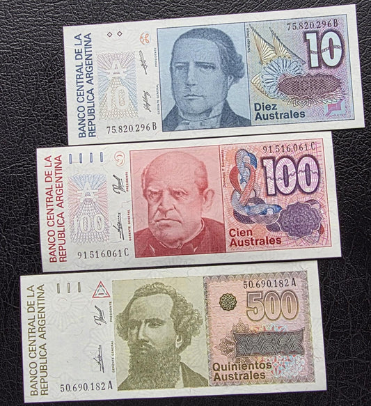 Set of 10, 100 and 500 Australes 1985- 1990 Argentina notes Gem Uncirculated UNC (3 banknotes)