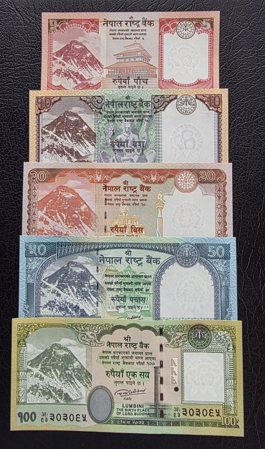 Set of 50, 10, and 20, 50 abd 100 Rupees 2019- 2020 Nepal Gem UNC (5 banknotes)