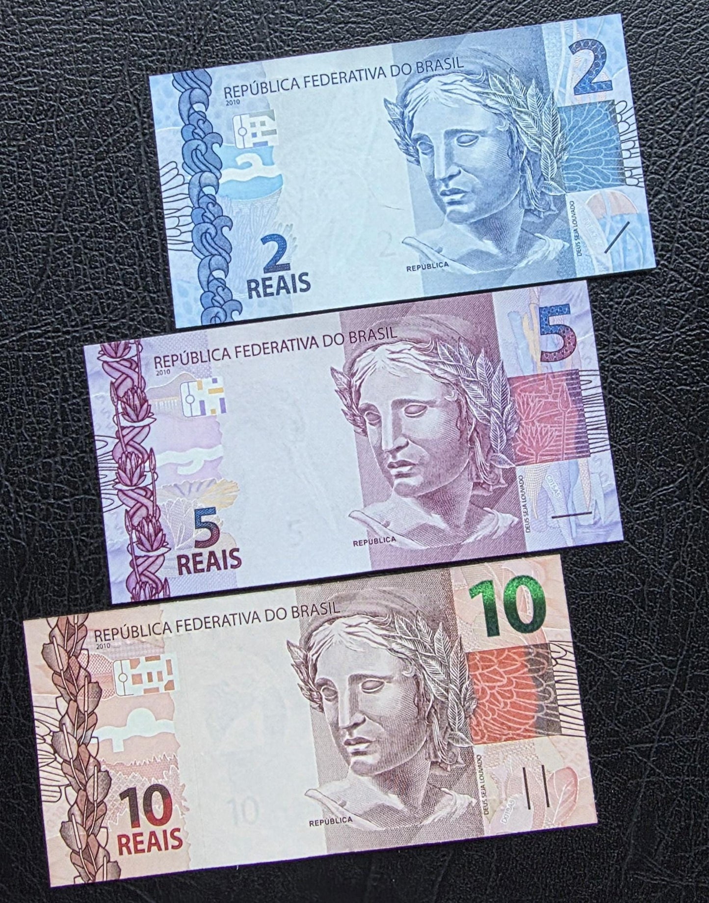 Set of 2, 5 and 10 Real (REAIS) 2010 Brazil notes Gem Uncirculated UNC (3 banknotes)