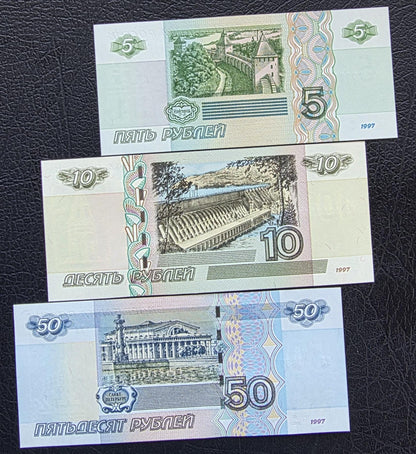 Set of 5, 10, and 50 Rubles 1997 Uncirculated UNC (three notes)