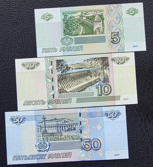 Set of 5, 10, and 50 Rubles 1997 Uncirculated UNC (three notes)
