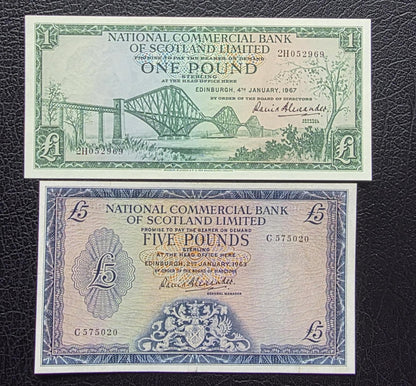 Set of 1 and 5 Pounds 1963- 1968 Scotkand About Uncirculated AUNC- Rare