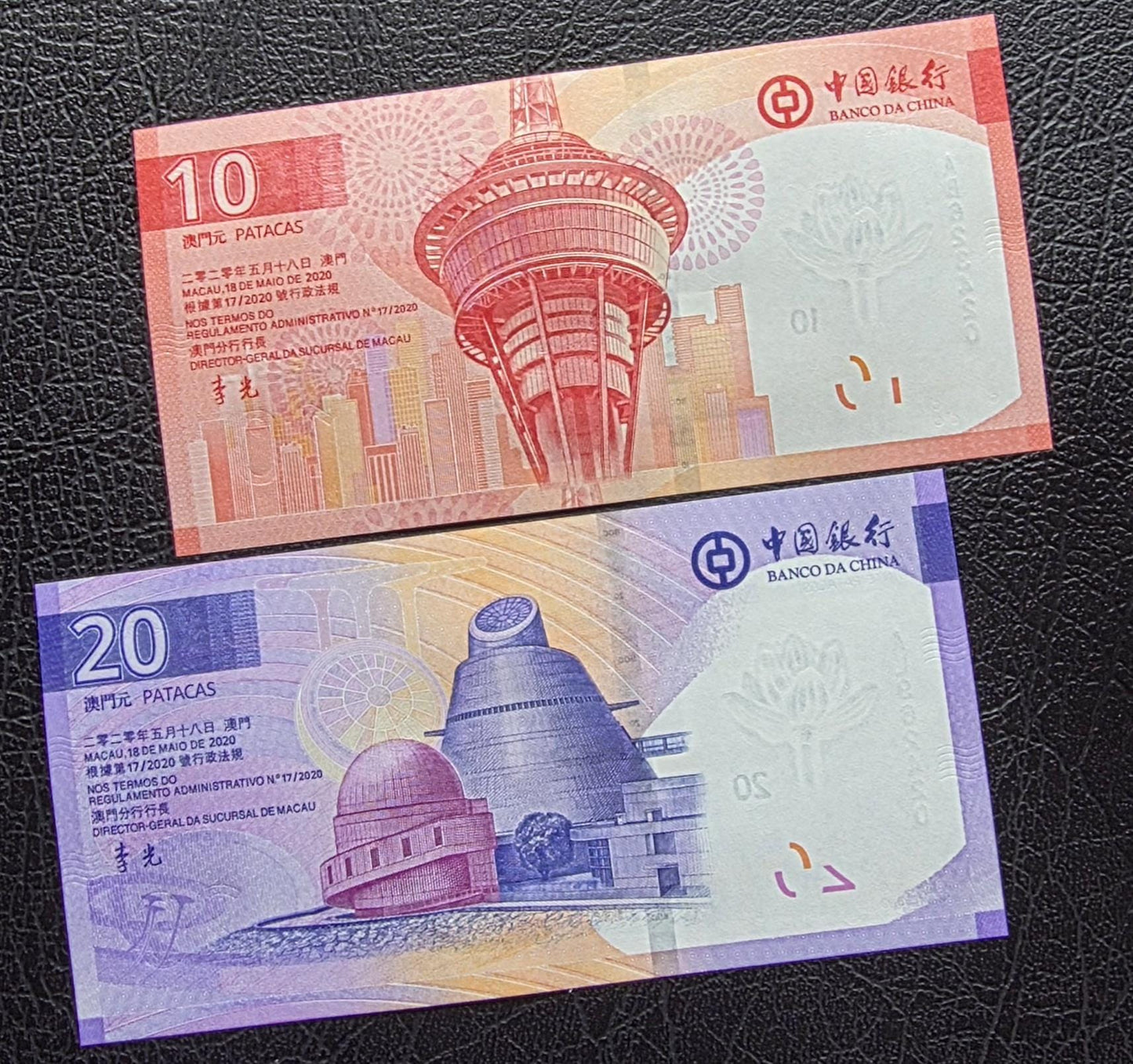 Set of 10 and 20 Patacas 2020 Macau notes Uncirculated UNC (two notes)