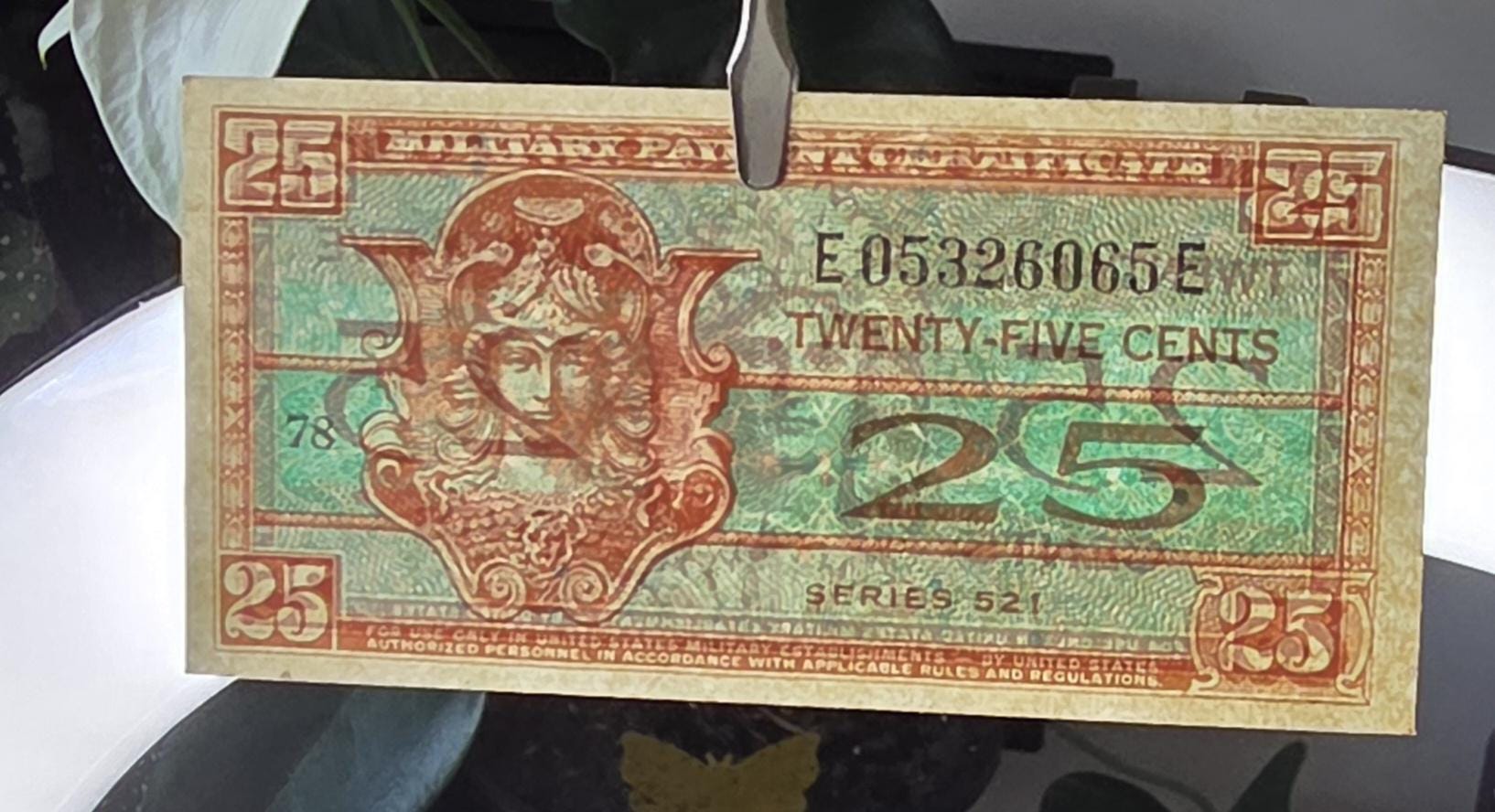 Set of 25 and 50 cents and 5 Dollars 1954- 1968 United States USA Military issue MPC Uncirculated UNC (three notes) Extremely rare