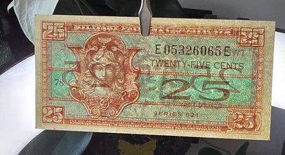 Set of 25 and 50 cents and 5 Dollars 1954- 1968 United States USA Military issue MPC Uncirculated UNC (three notes) Extremely rare