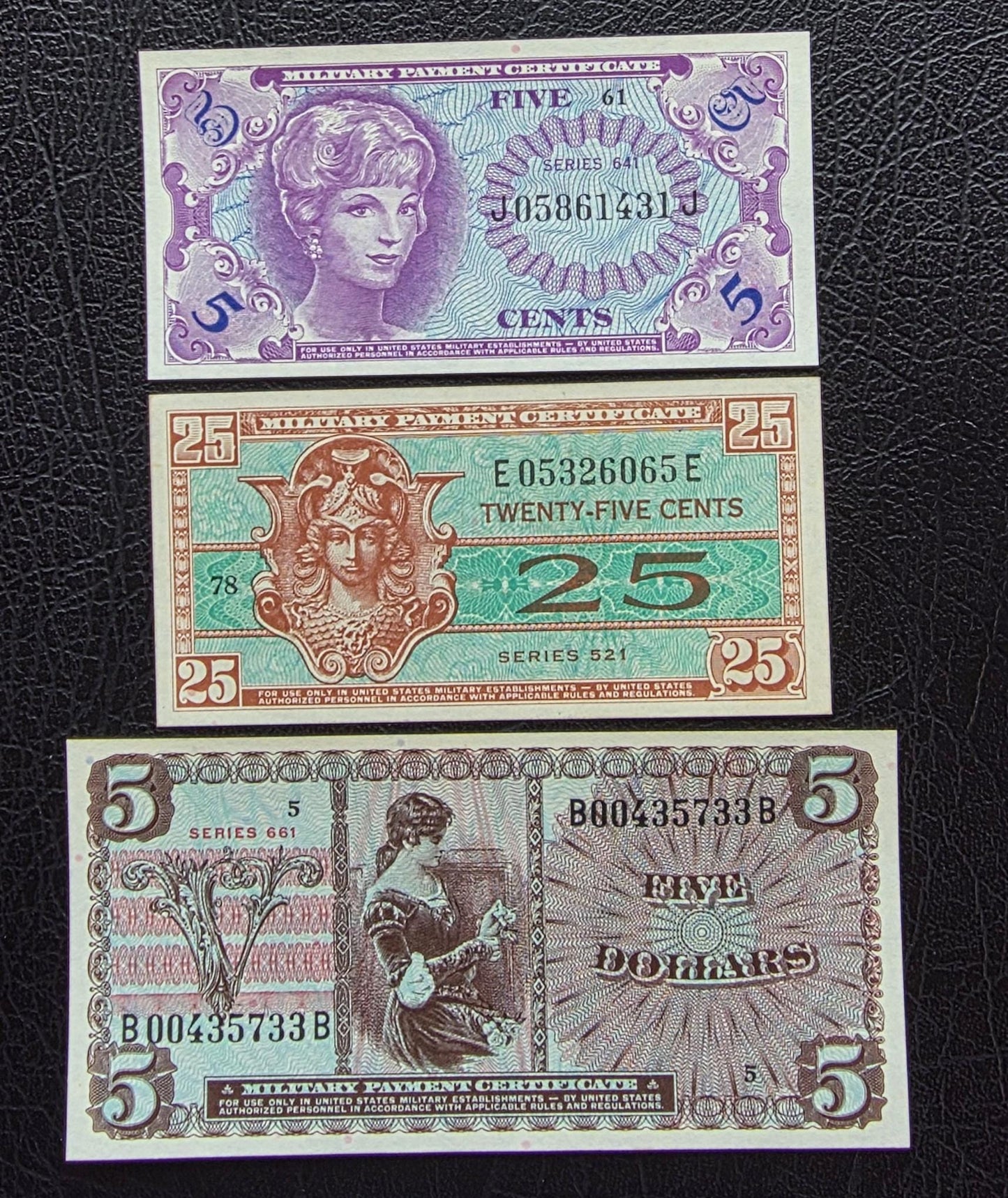 Set of 25 and 50 cents and 5 Dollars 1954- 1968 United States USA Military issue MPC Uncirculated UNC (three notes) Extremely rare
