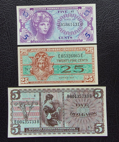 Set of 25 and 50 cents and 5 Dollars 1954- 1968 United States USA Military issue MPC Uncirculated UNC (three notes) Extremely rare