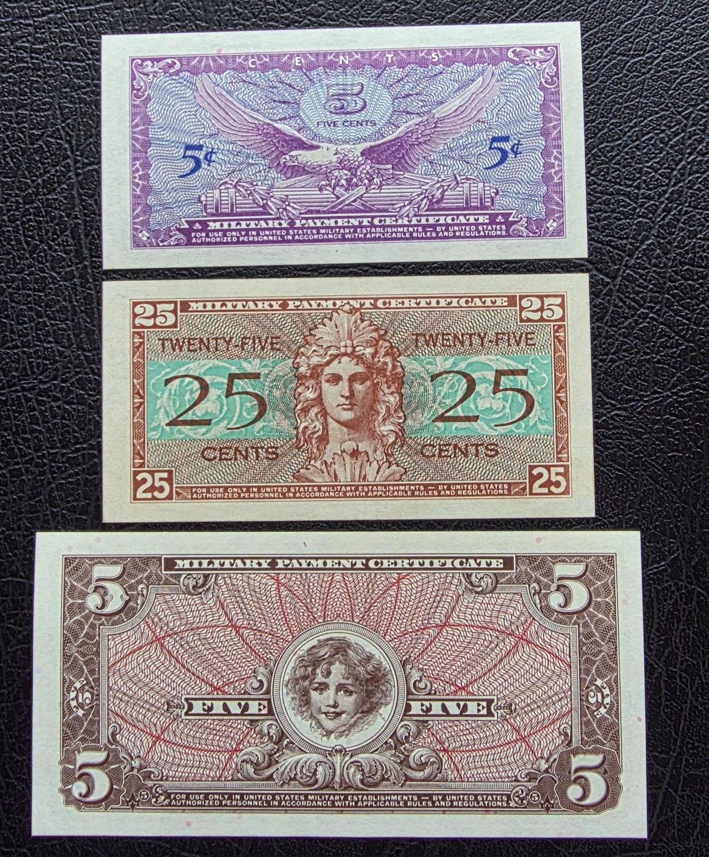 Set of 25 and 50 cents and 5 Dollars 1954- 1968 United States USA Military issue MPC Uncirculated UNC (three notes) Extremely rare