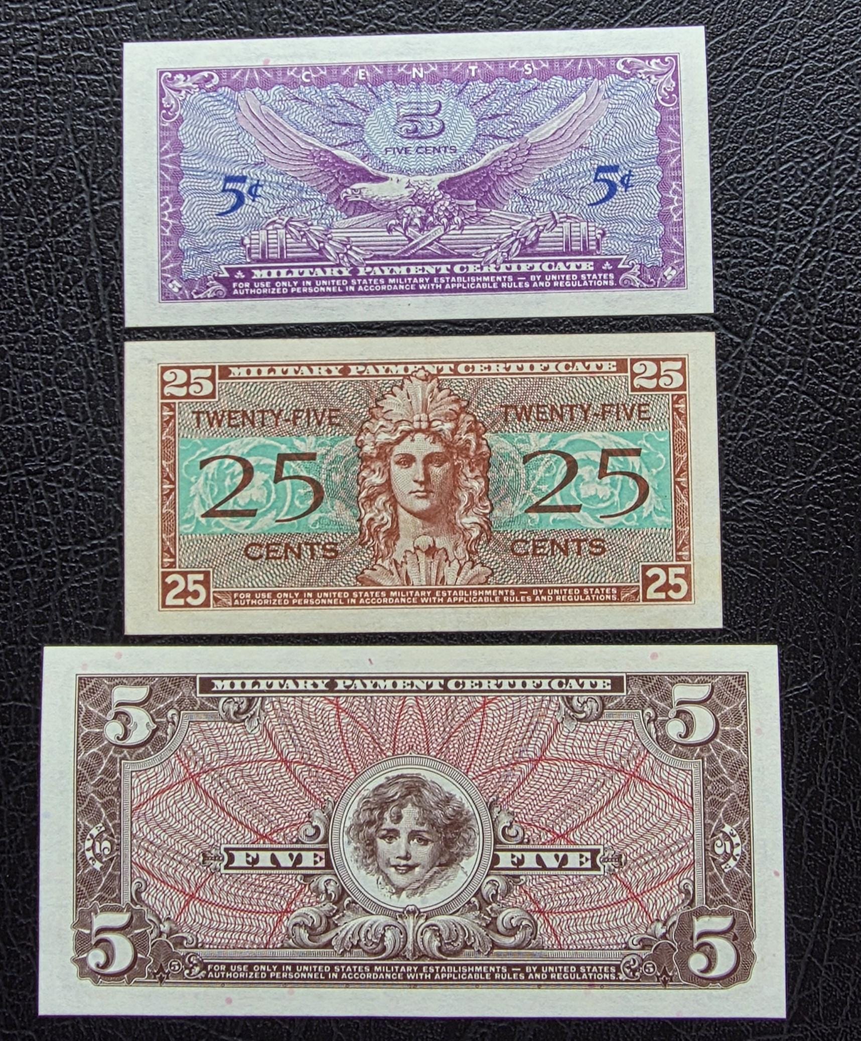 Set of 25 and 50 cents and 5 Dollars 1954- 1968 United States USA Military issue MPC Uncirculated UNC (three notes) Extremely rare