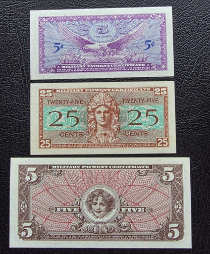 Set of 25 and 50 cents and 5 Dollars 1954- 1968 United States USA Military issue MPC Uncirculated UNC (three notes) Extremely rare