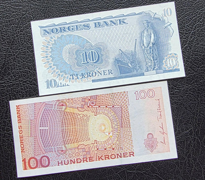 Set of 10 and 100 Kroner 1982- 2010 Norway notes Gem Uncirculated UNC (two notes)