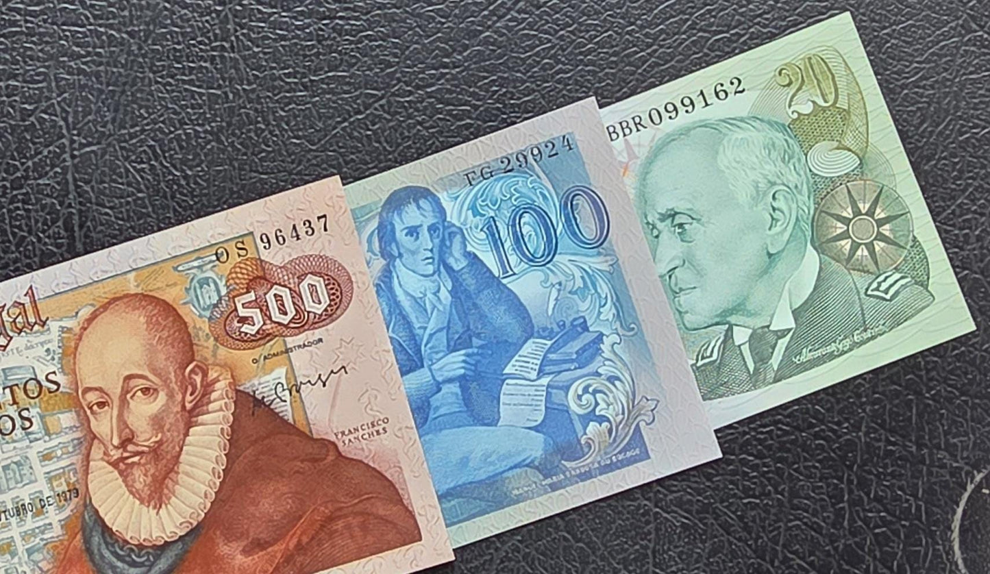 Set of 20, 100and 500 Escudos 1978- 1980 Portugal notes Gem Uncirculated UNC (three notes)