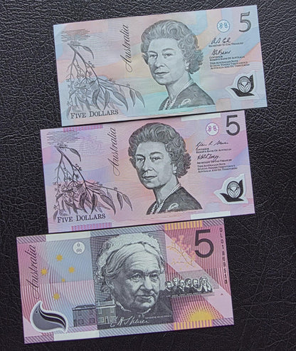 Set of 5 dollars (x3) 1992- 2008 Australia notes Uncirculated UNC (3 banknotes)