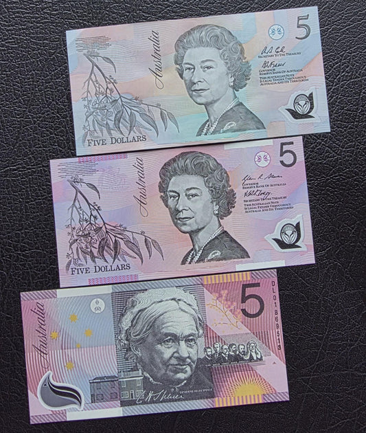 Set of 5 dollars (x3) 1992- 2008 Australia notes Uncirculated UNC (3 banknotes)