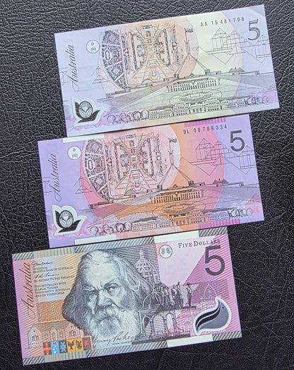Set of 5 dollars (x3) 1992- 2008 Australia notes Uncirculated UNC (3 banknotes)