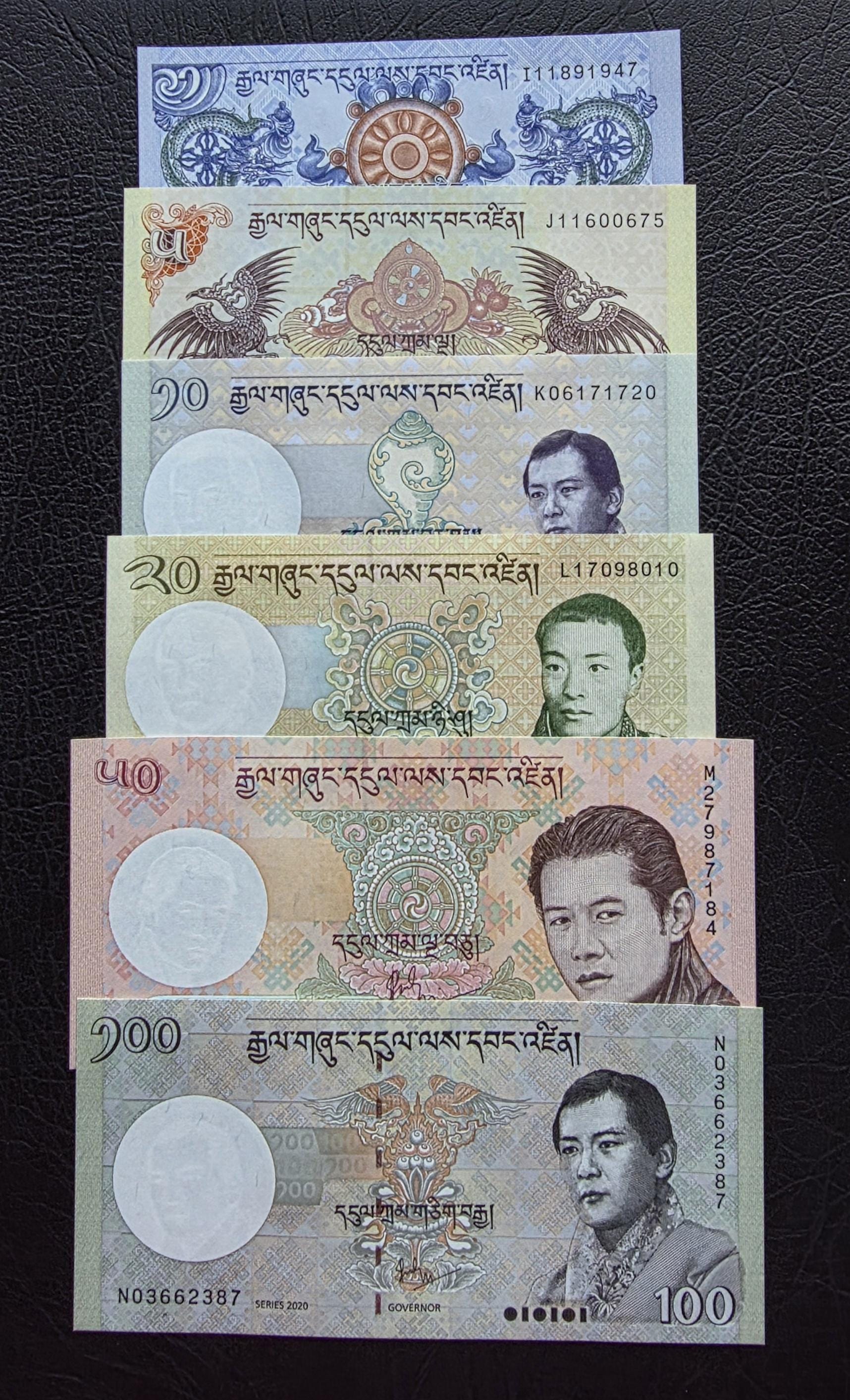 Set of 1, 5, 10, 50, 100 and 200 NGULTRUM 2013- 2020 Bhutan Uncirculated UNC (six notes)