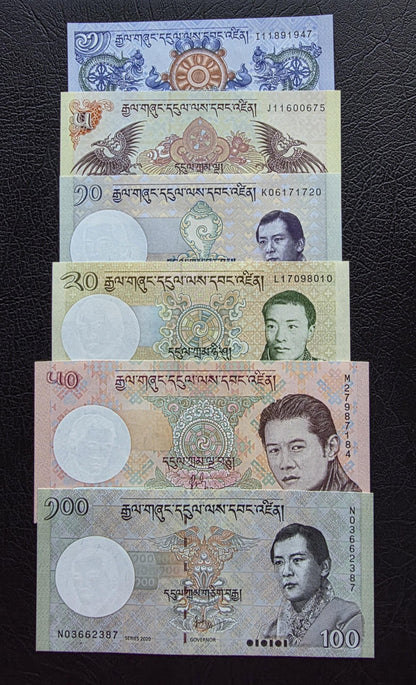 Set of 1, 5, 10, 50, 100 and 200 NGULTRUM 2013- 2020 Bhutan Uncirculated UNC (six notes)