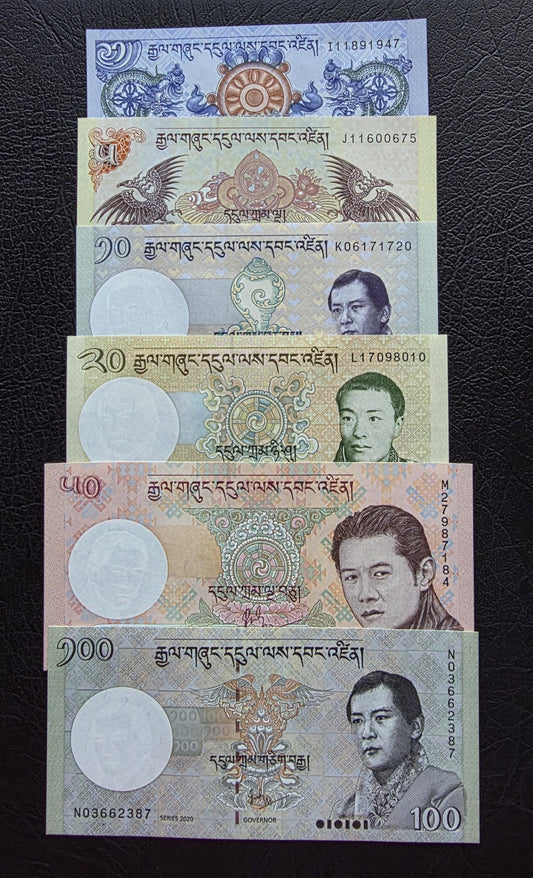Set of 1, 5, 10, 50, 100 and 200 NGULTRUM 2013- 2020 Bhutan Uncirculated UNC (six notes)
