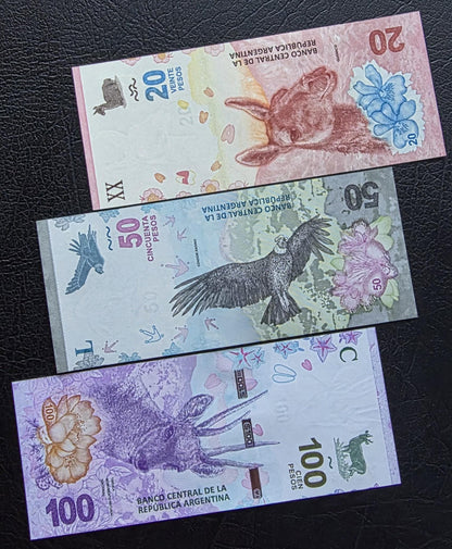 Set of 20, 50, and 100 Pesos 2017- 2019 Argentina Uncirculated UNC (three notes)