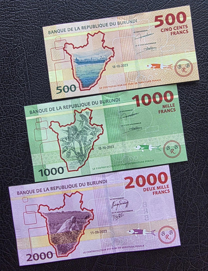 Set of 500, 1000, and 2000 Francs 2023 Burundi Uncirculated UNC (three notes)