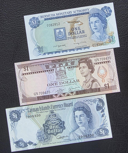 Queen set of 1 Dollar 1974- 1982 Fiji, Bermuda and Cayman Islands British Colonies Uncirculated UNC (three notes)
