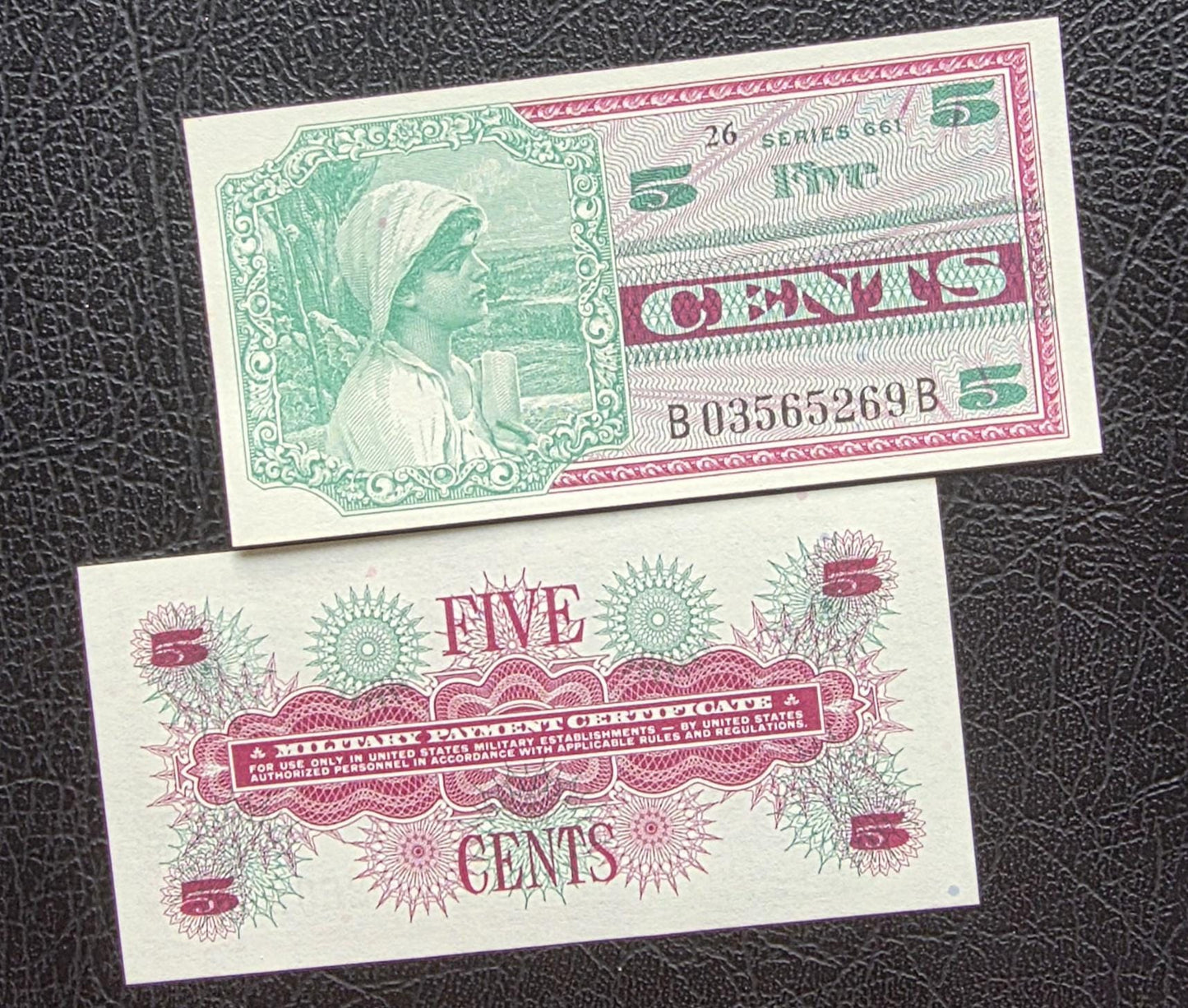 Two consecutive notes of 5 cents 1968 United States USA Military issue MPC Series 661 Gem Uncirculated UNC (rare)