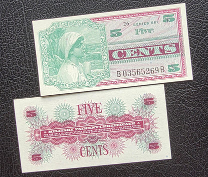 Two consecutive notes of 5 cents 1968 United States USA Military issue MPC Series 661 Gem Uncirculated UNC (rare)