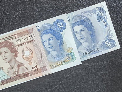 Queen set of 1 Dollar 1974- 1982 Fiji, Bermuda and Cayman Islands British Colonies Uncirculated UNC (three notes)