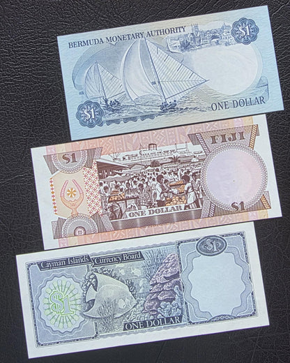 Queen set of 1 Dollar 1974- 1982 Fiji, Bermuda and Cayman Islands British Colonies Uncirculated UNC (three notes)
