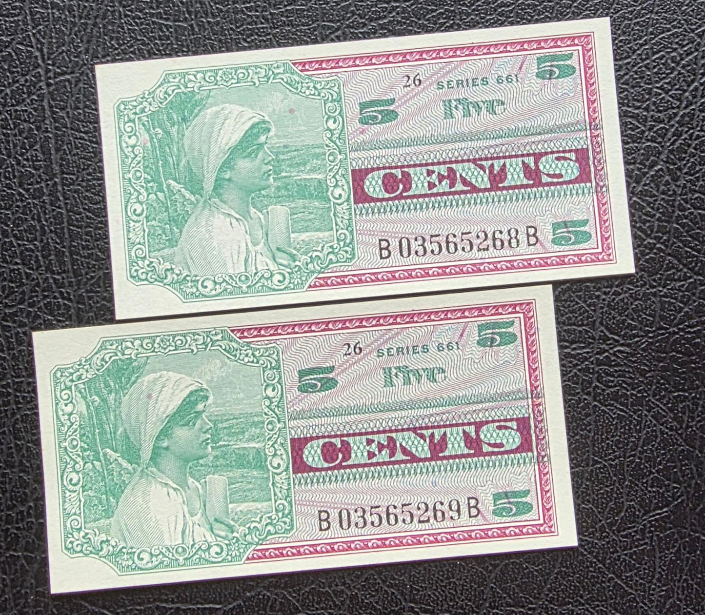 Two consecutive notes of 5 cents 1968 United States USA Military issue MPC Series 661 Gem Uncirculated UNC (rare)