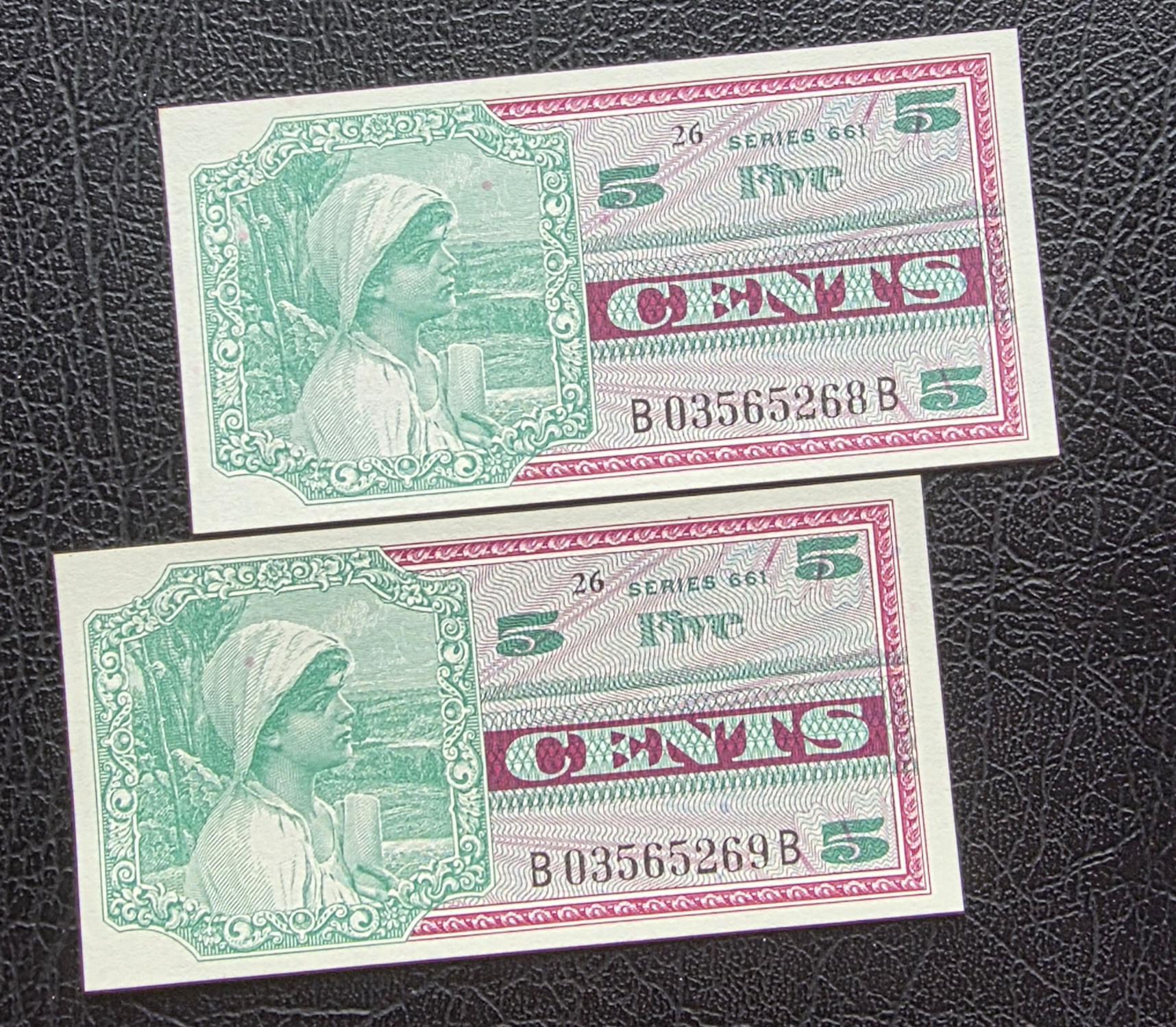 Two consecutive notes of 5 cents 1968 United States USA Military issue MPC Series 661 Gem Uncirculated UNC (rare)