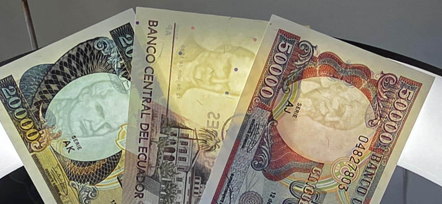 Set of 10000, 20000, and 50000 Sucres 1990s Ecuador notes Gem Uncirculated UNC (3 banknotes)