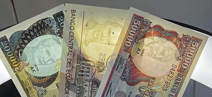 Set of 10000, 20000, and 50000 Sucres 1990s Ecuador notes Gem Uncirculated UNC (3 banknotes)