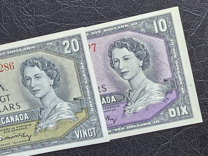 Set of 10 and 20 Dollars 1954 Canada About Uncirculated AUNC (Two notes)- see the description