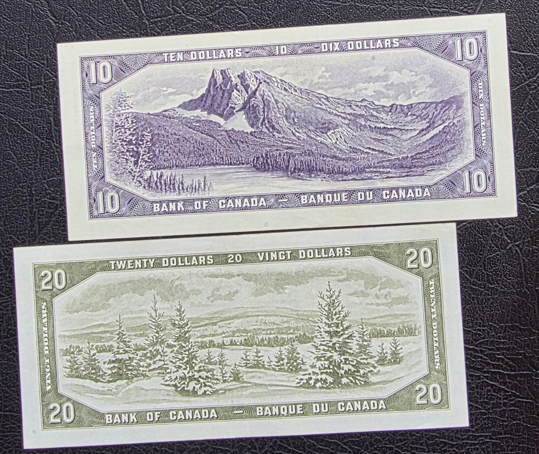 Set of 10 and 20 Dollars 1954 Canada About Uncirculated AUNC (Two notes)- see the description