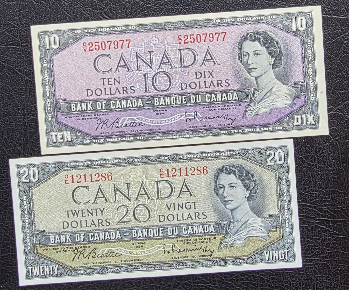 Set of 10 and 20 Dollars 1954 Canada About Uncirculated AUNC (Two notes)- see the description