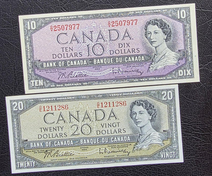 Set of 10 and 20 Dollars 1954 Canada About Uncirculated AUNC (Two notes)- see the description