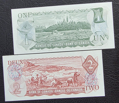 Set of 1 and 2 Dollars 1974 Canada Gem Uncirculated UNC (two notes)