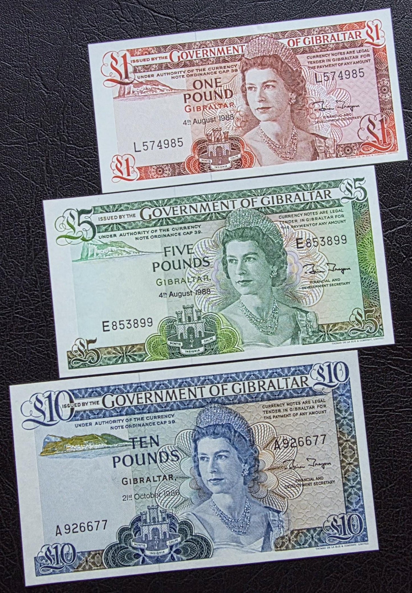 Set of 1, 5 and 10 Pounds 1986- 88 Gibraltar notes Gem Uncirculated UNC (three notes)