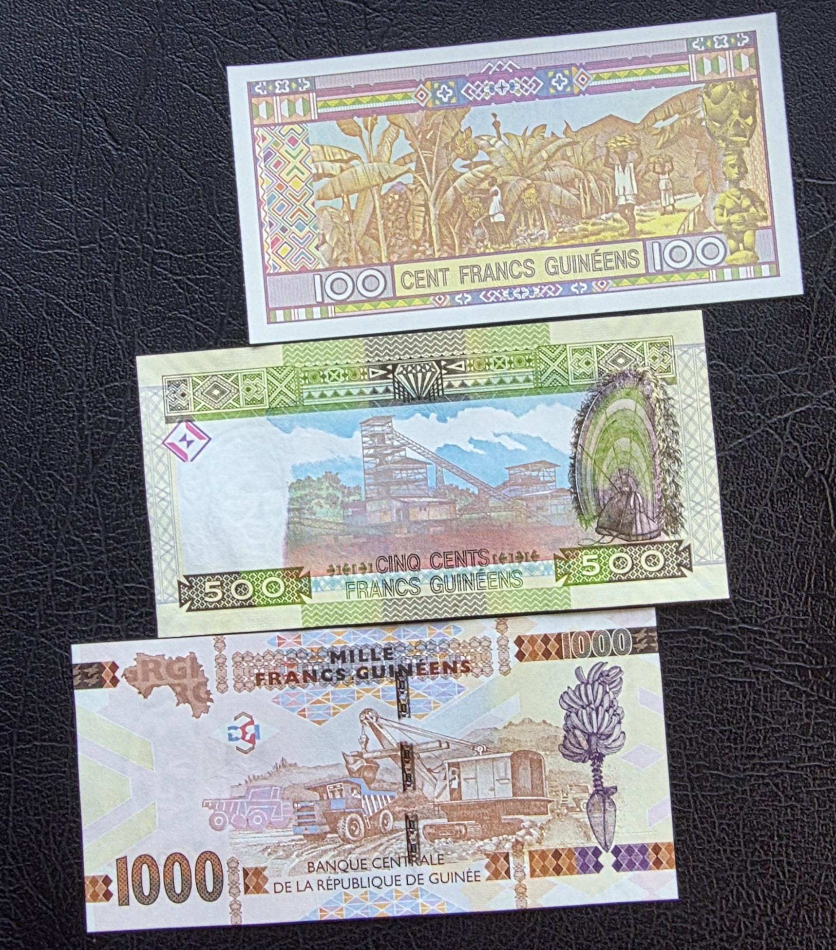 Set of 100, 500 and 1000 Francs 1960s Guinea notes Uncirculated UNC (three notes)