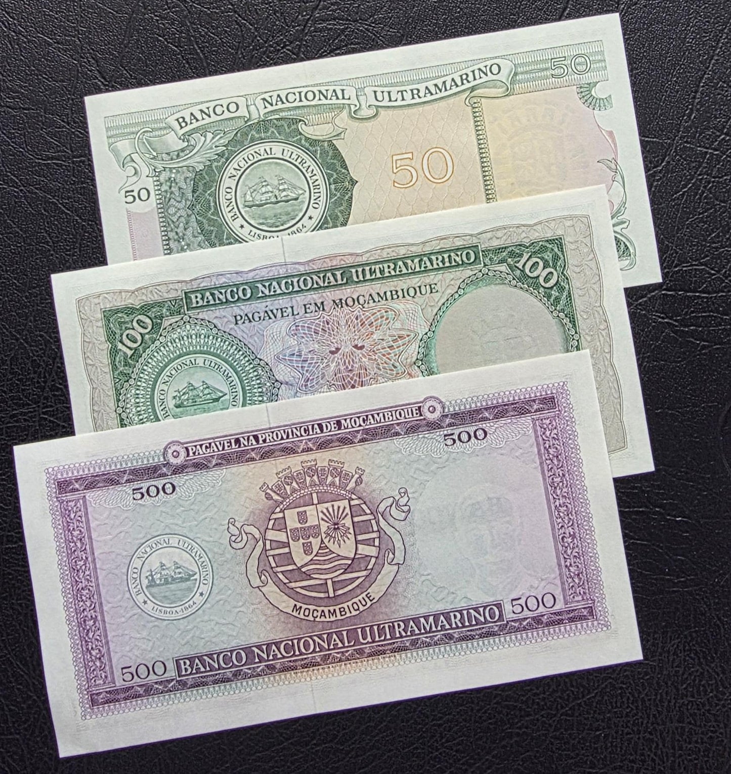 Set of 50, 100 and 500 Escudos 1961- 1970 Mozambique notes Gem Uncirculated UNC (3 banknotes)