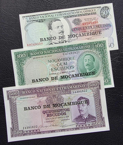 Set of 50, 100 and 500 Escudos 1961- 1970 Mozambique notes Gem Uncirculated UNC (3 banknotes)