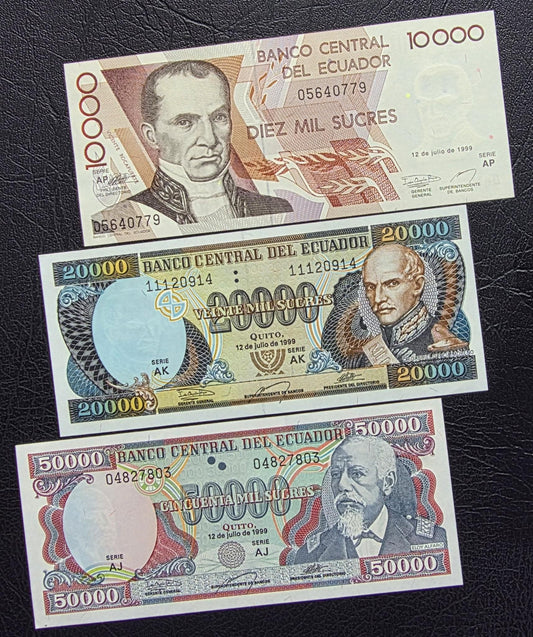 Set of 10000, 20000, and 50000 Sucres 1990s Ecuador notes Gem Uncirculated UNC (3 banknotes)