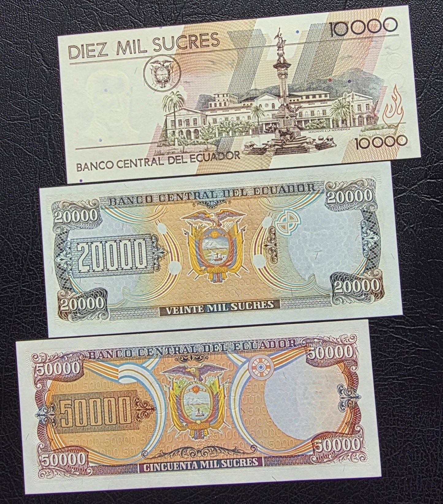 Set of 10000, 20000, and 50000 Sucres 1990s Ecuador notes Gem Uncirculated UNC (3 banknotes)