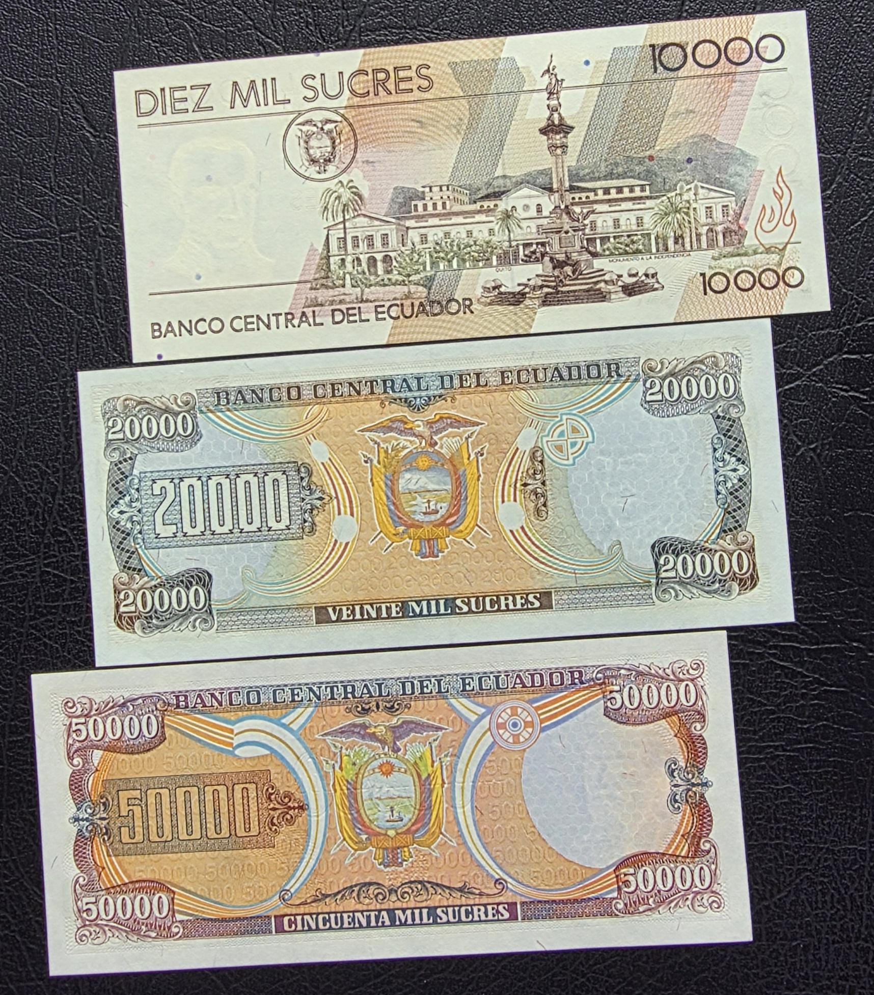 Set of 10000, 20000, and 50000 Sucres 1990s Ecuador notes Gem Uncirculated UNC (3 banknotes)