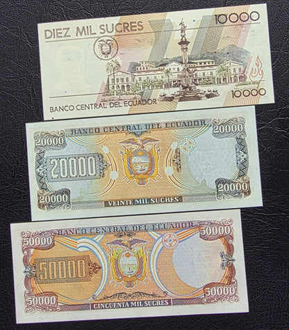 Set of 10000, 20000, and 50000 Sucres 1990s Ecuador notes Gem Uncirculated UNC (3 banknotes)