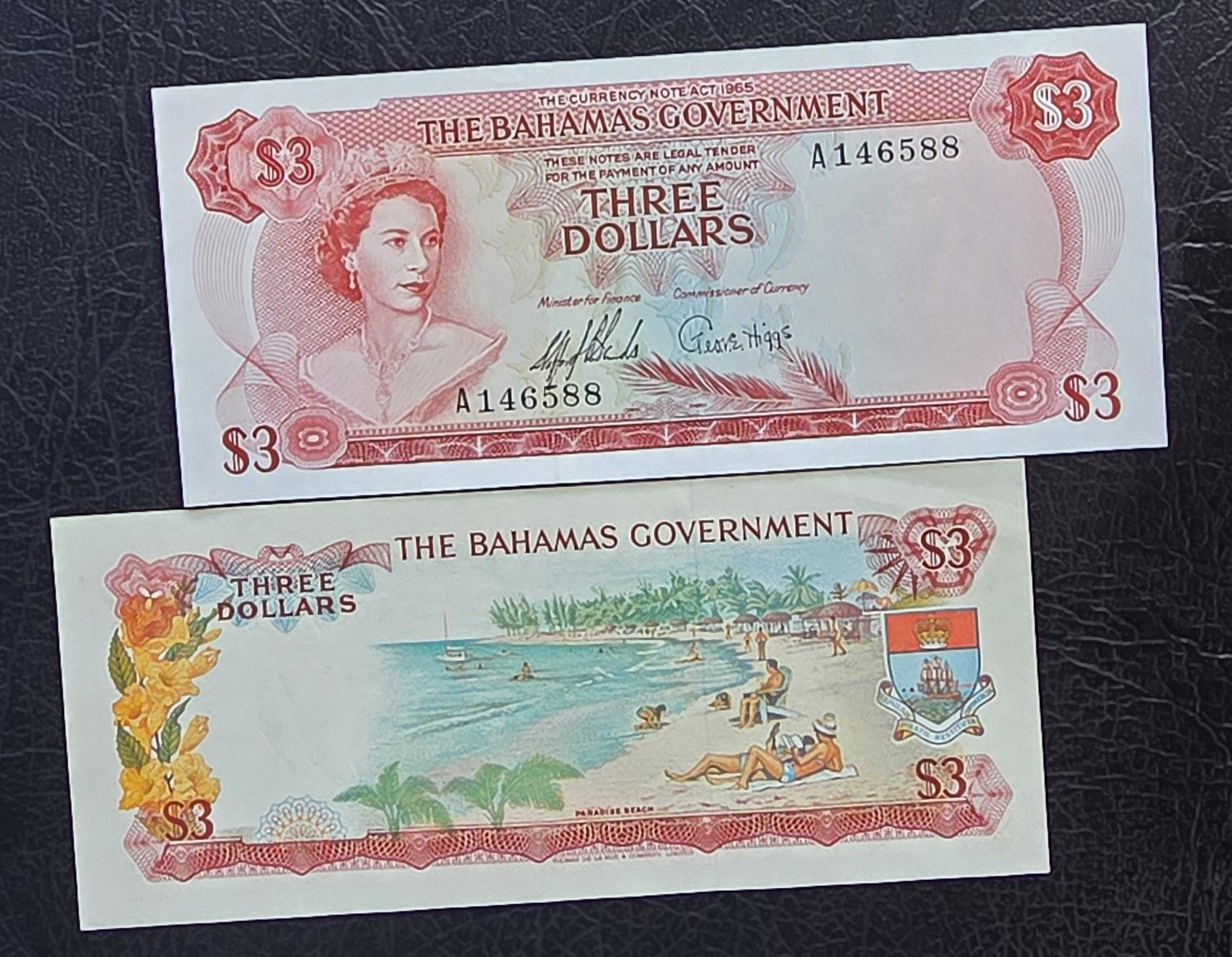 Three 3 Dollars 1965 Bahamas British Colony Gem Uncirculated UNC