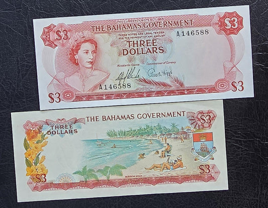 Three 3 Dollars 1965 Bahamas British Colony Gem Uncirculated UNC