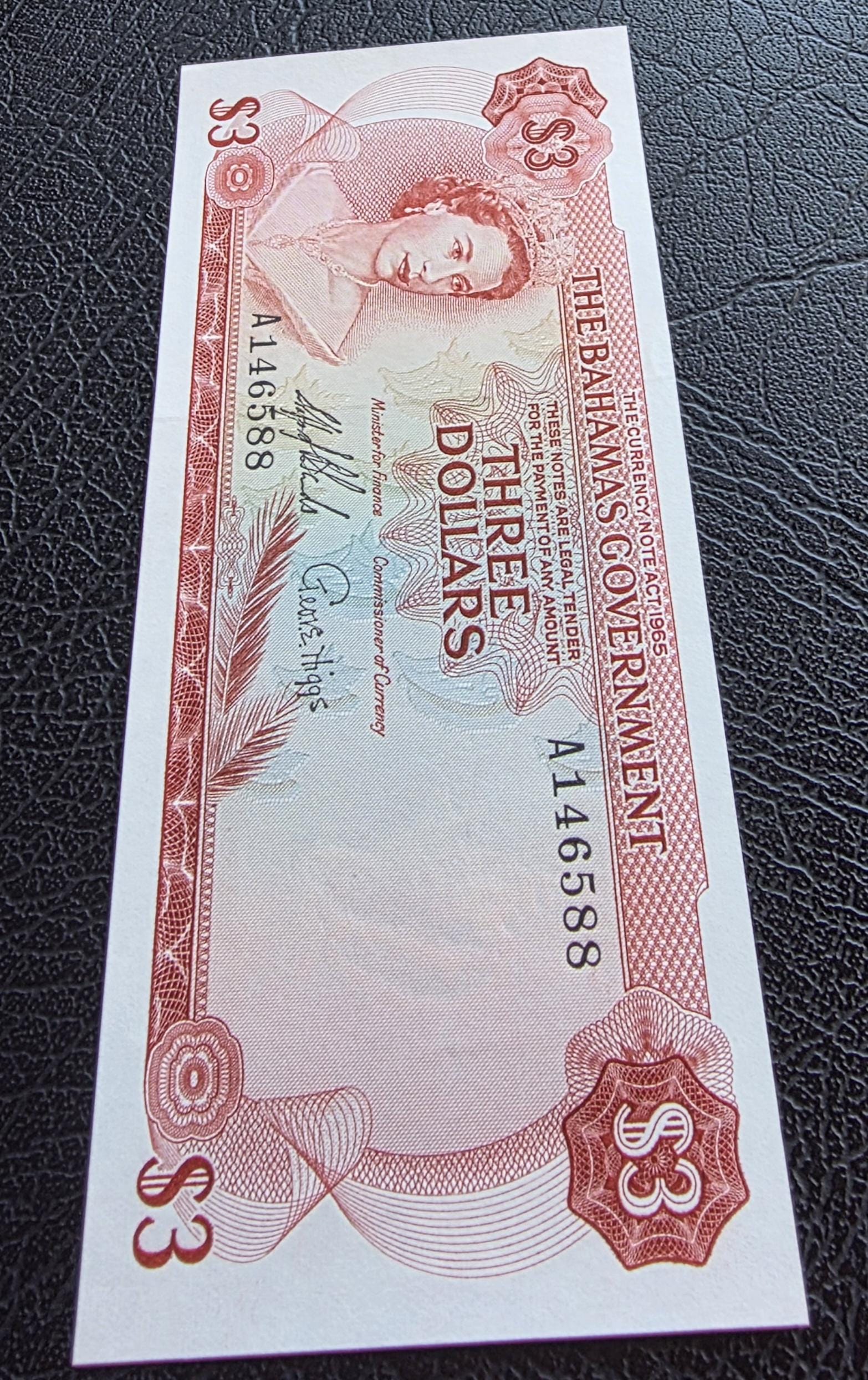 Three 3 Dollars 1965 Bahamas British Colony Gem Uncirculated UNC